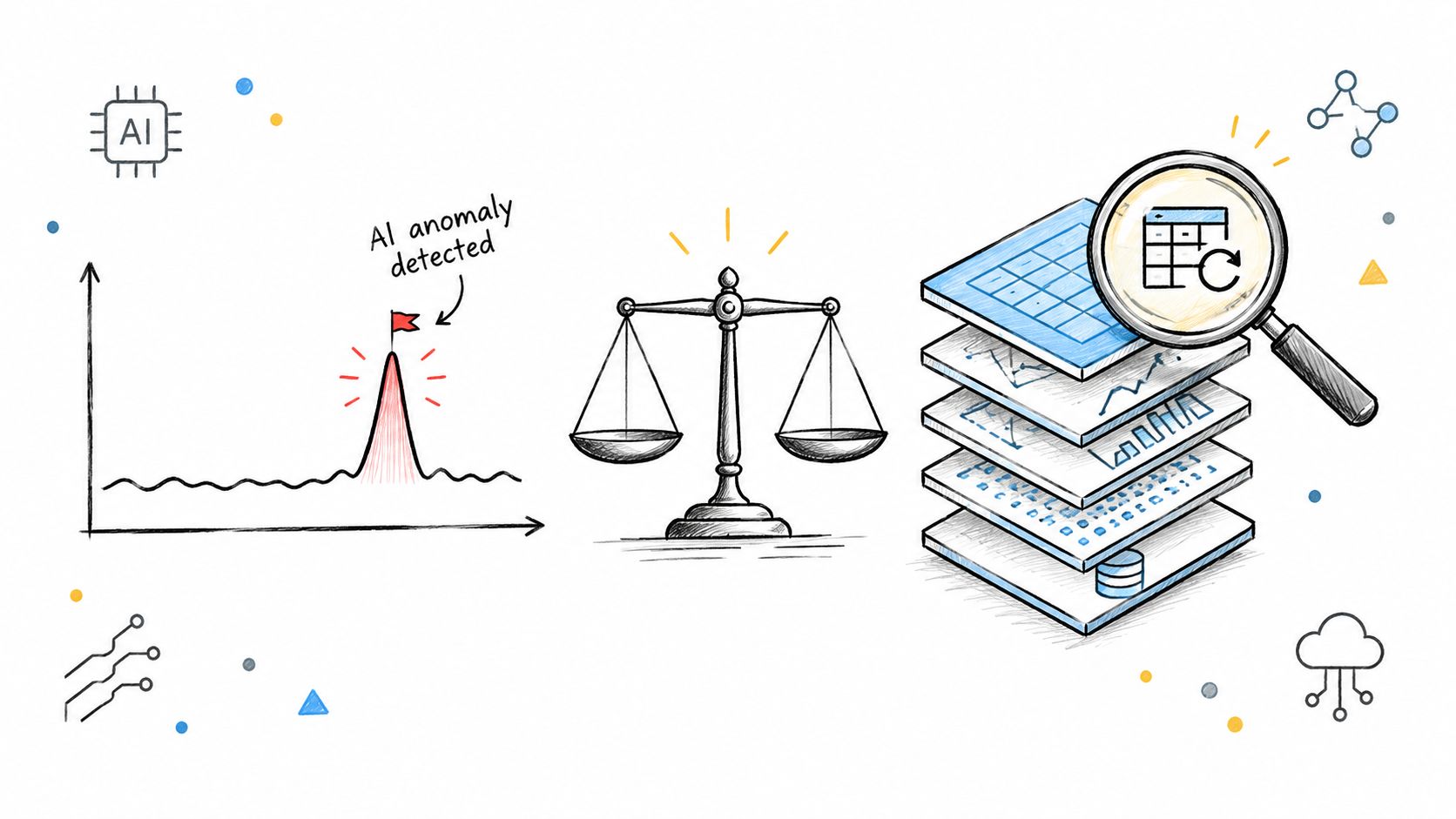 A hand-drawn illustration showing AI anomaly detection, a scale of justice, and a data observability stack.