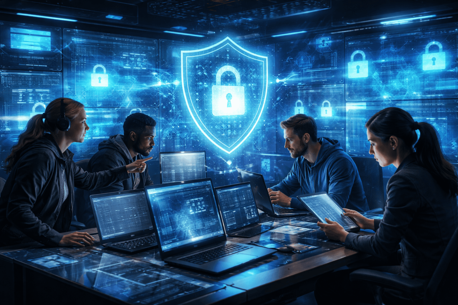 Group of professionals in business attire standing in a modern office.