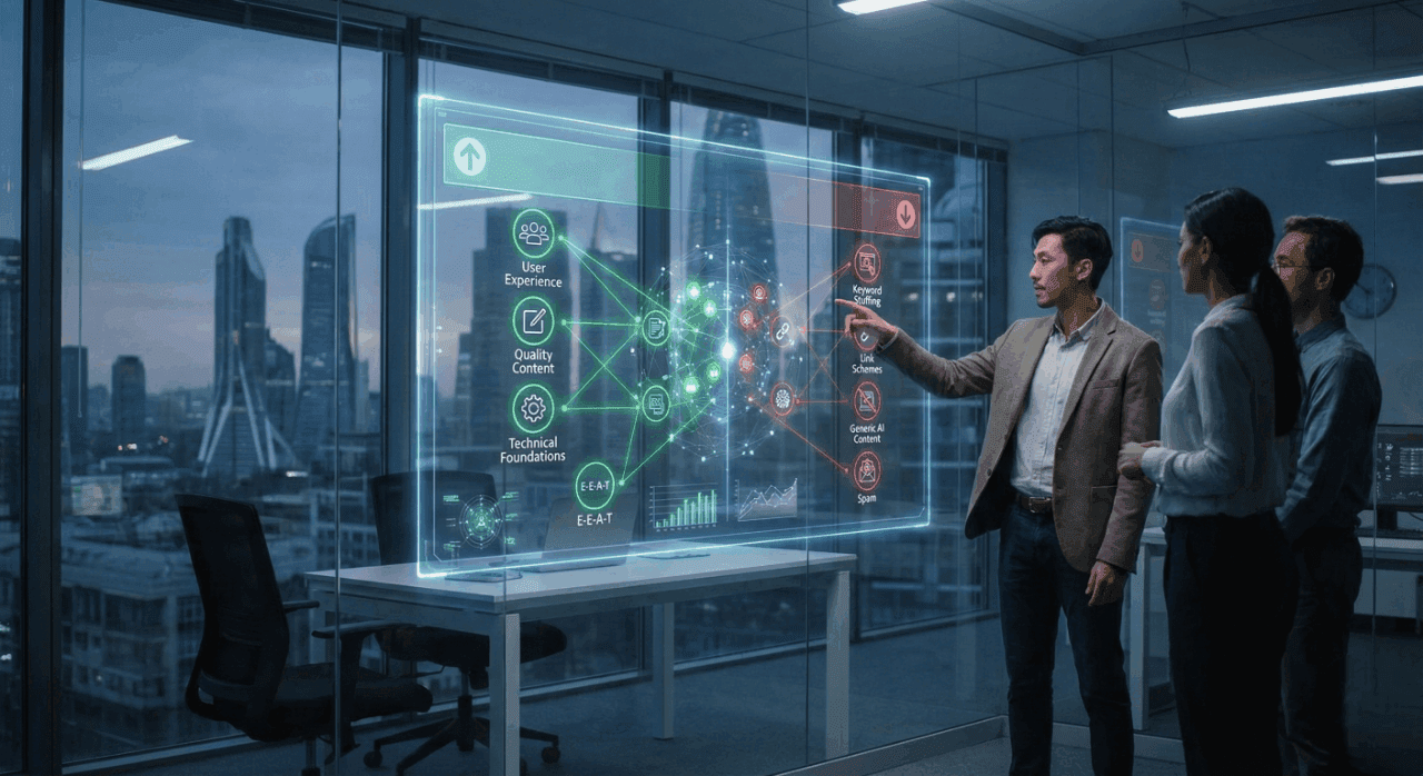 Business team reviewing a digital strategy dashboard showing user experience, content quality, and technical SEO metrics in a modern office.
