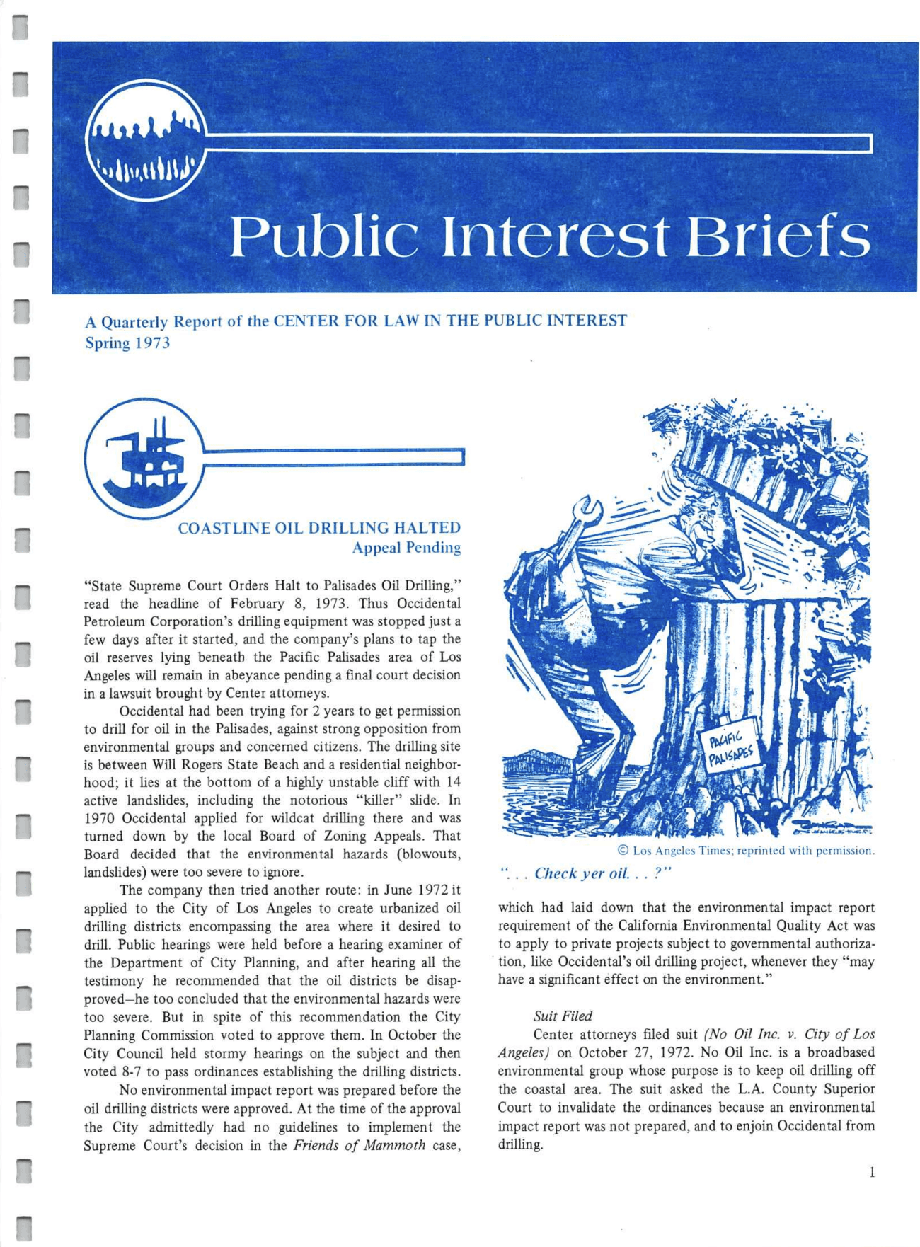 Cover of Center for Law In The Public Interest's Quarterly Report, Spring 1973 Edition Public Interest Briefs
