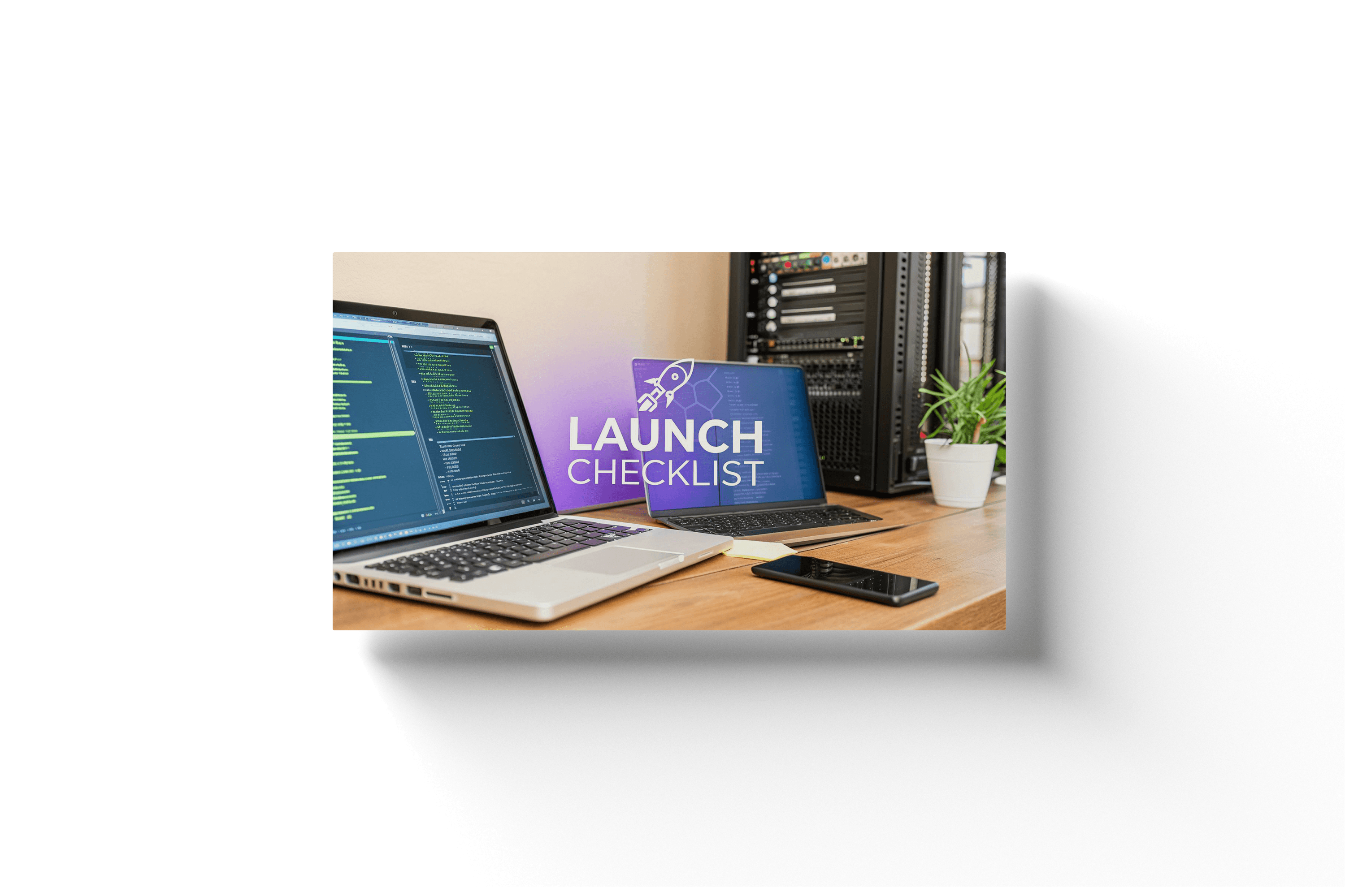 a laptop on a desk with 'launch checklist' in front of a purple gradient in the background