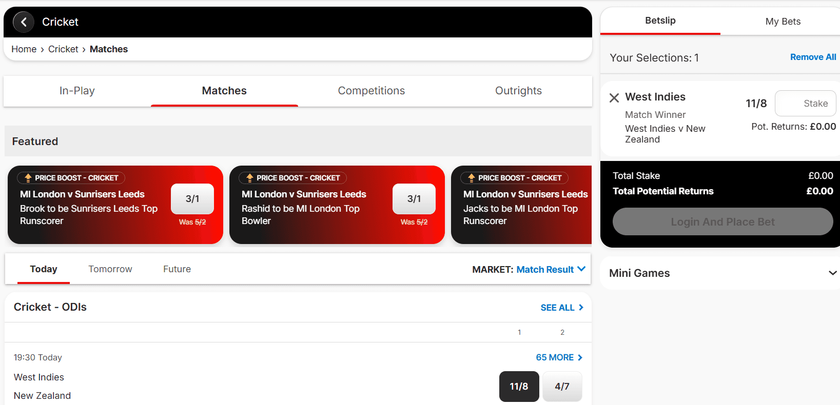 Bookmaker's cricket market showing fractional prices