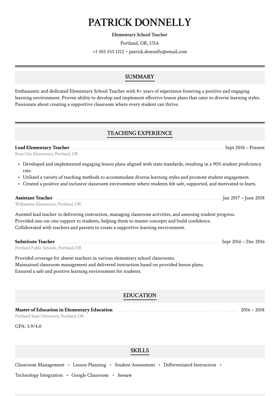 Mid-career teacher resume example