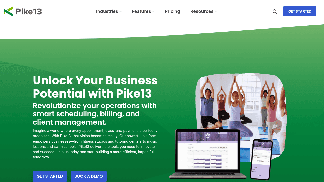 Pike13 business management software homepage showing general scheduling features adapted for various service industries