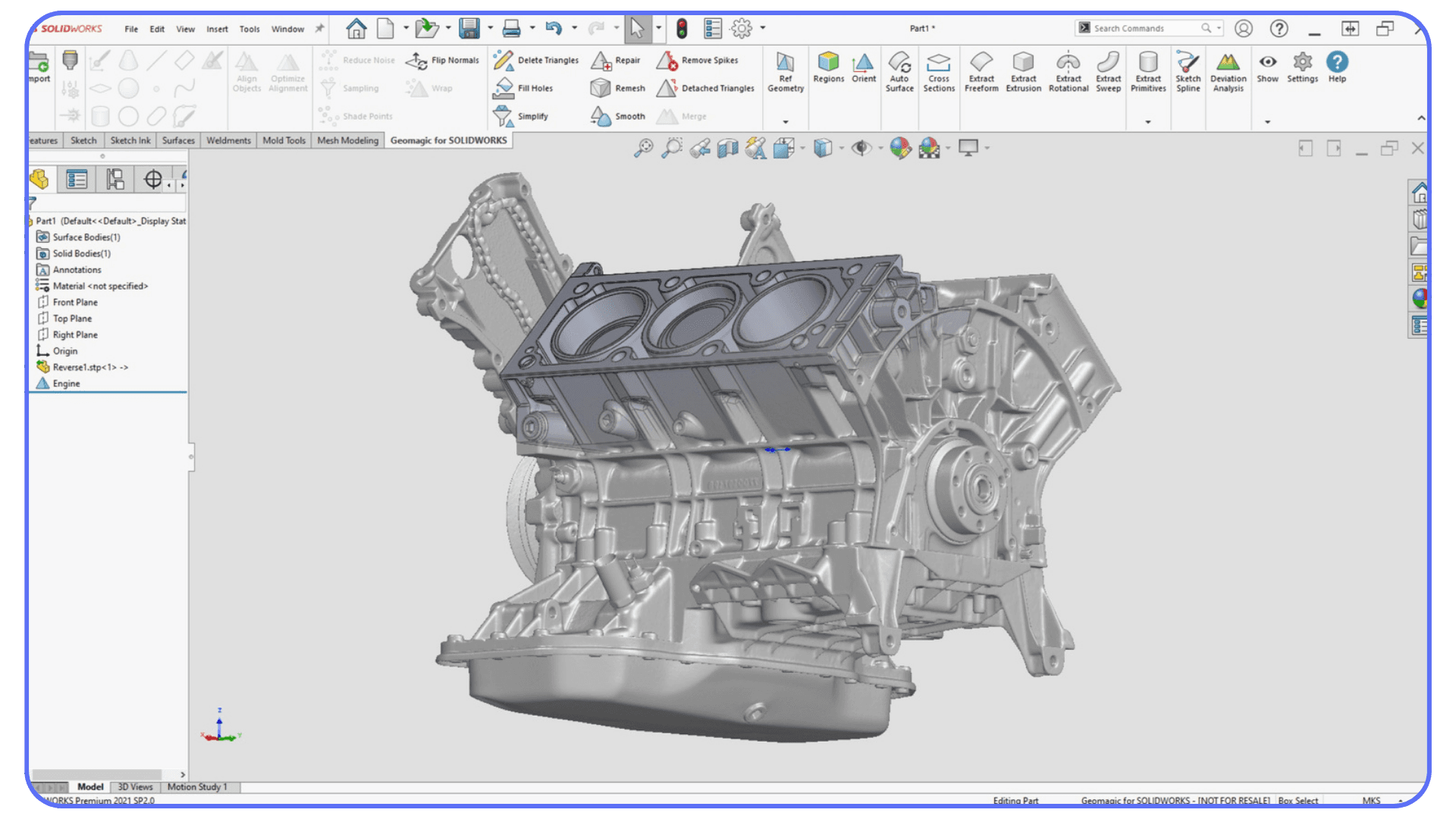 SolidWorks CAD interface displaying a detailed engine block model with feature tree and toolbars visible