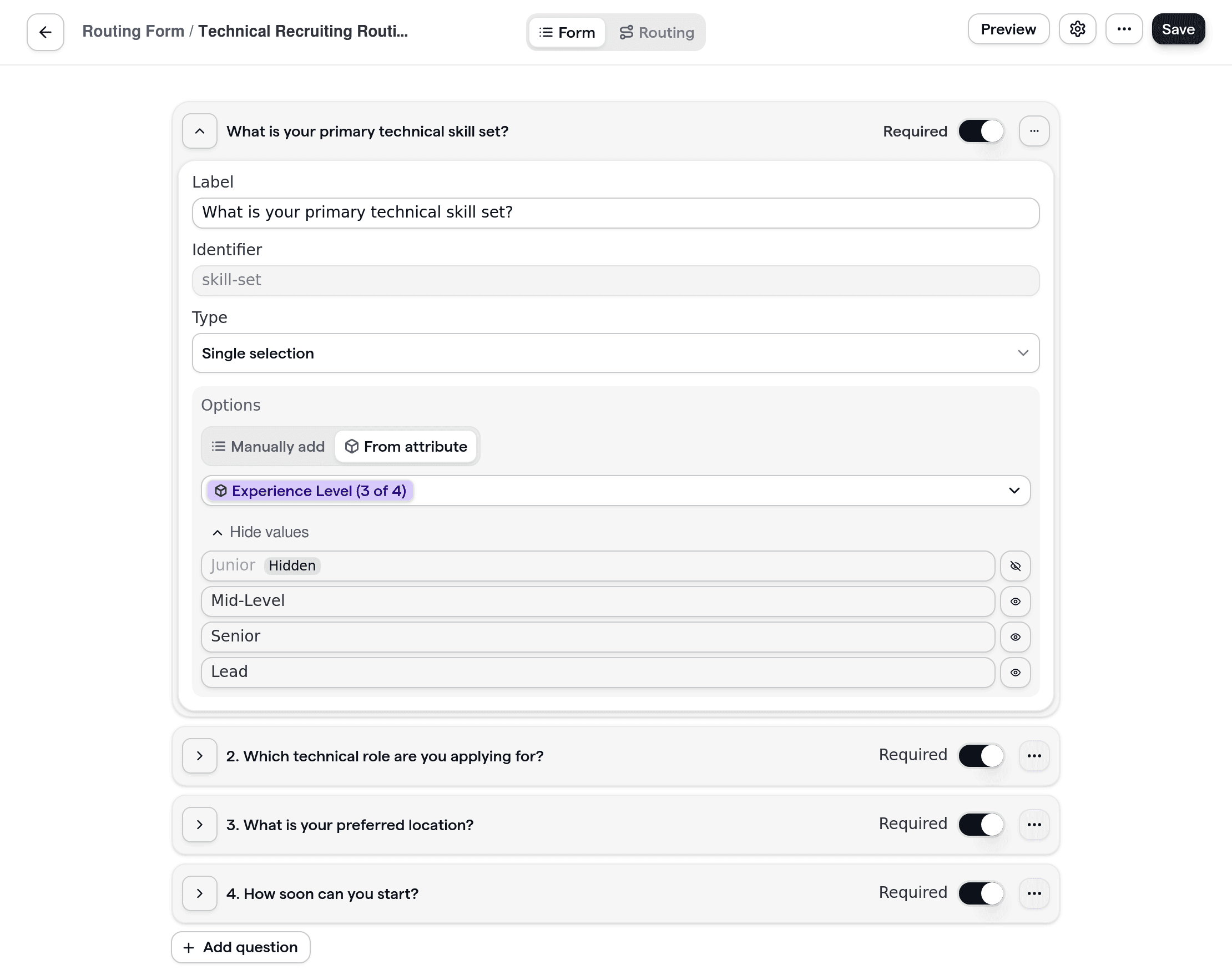 Technical recruiting routing form, showing dynamic questions such as technical role, location, availability, and skill set.