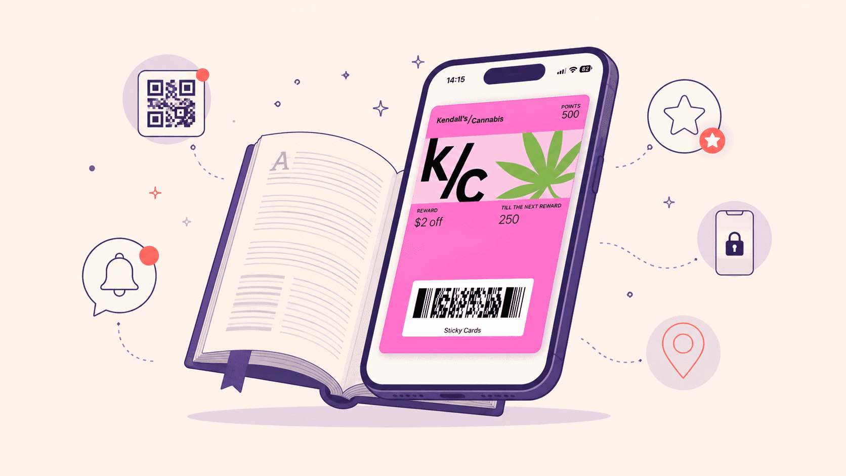 An illustrated open reference book transforming into a smartphone displaying a pink wallet pass loyalty card, surrounded by minimalist icons representing key cannabis marketing glossary terms — QR codes, push notifications, points, and geo-targeting.