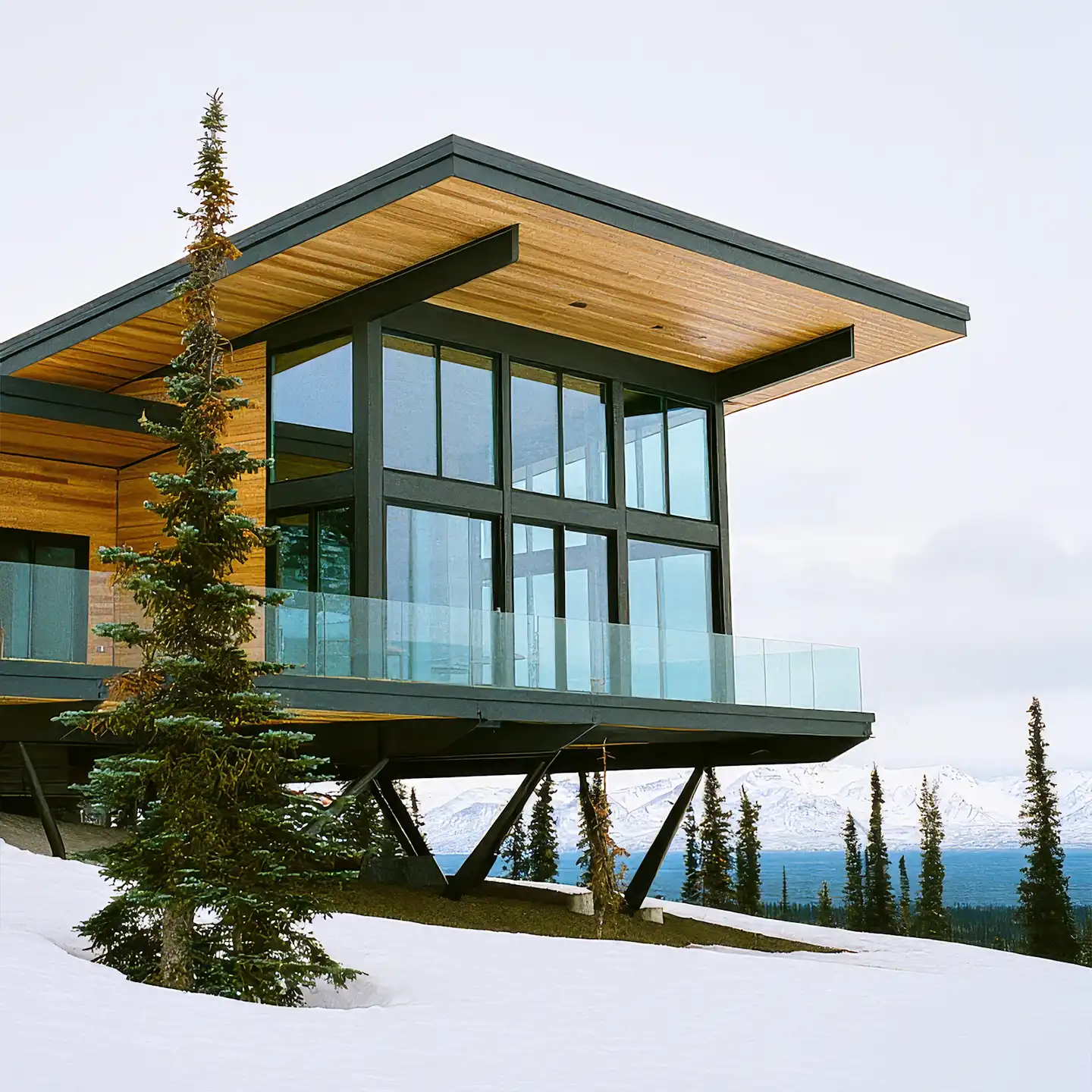 Modern residential exterior featuring glass panels and simple architecture