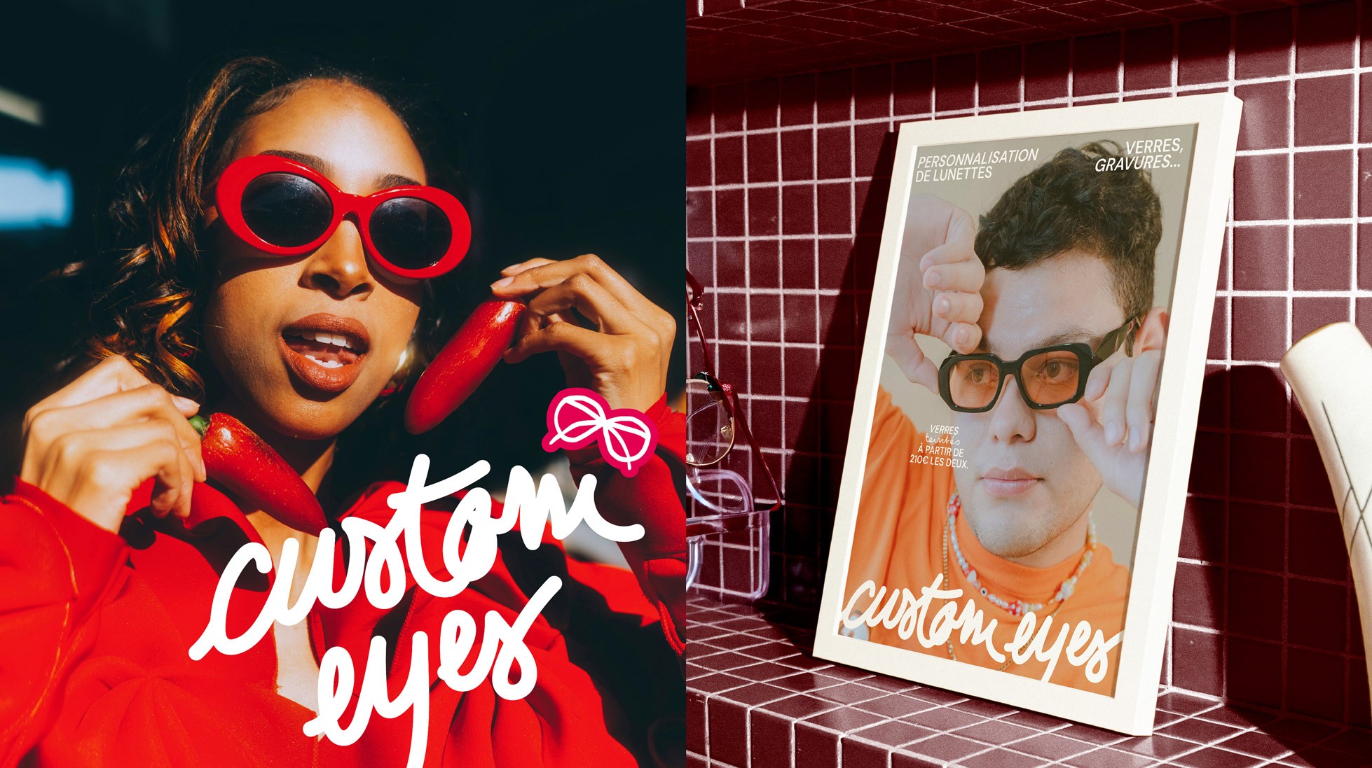 Photographie d'une femme avec des lunettes de soleil rouges et des piments. + Logo Custom Eyes. —&nbsp;Photographie d'une affiche promotionnelle dans un cadre posé sur une étagère dans la boutique.