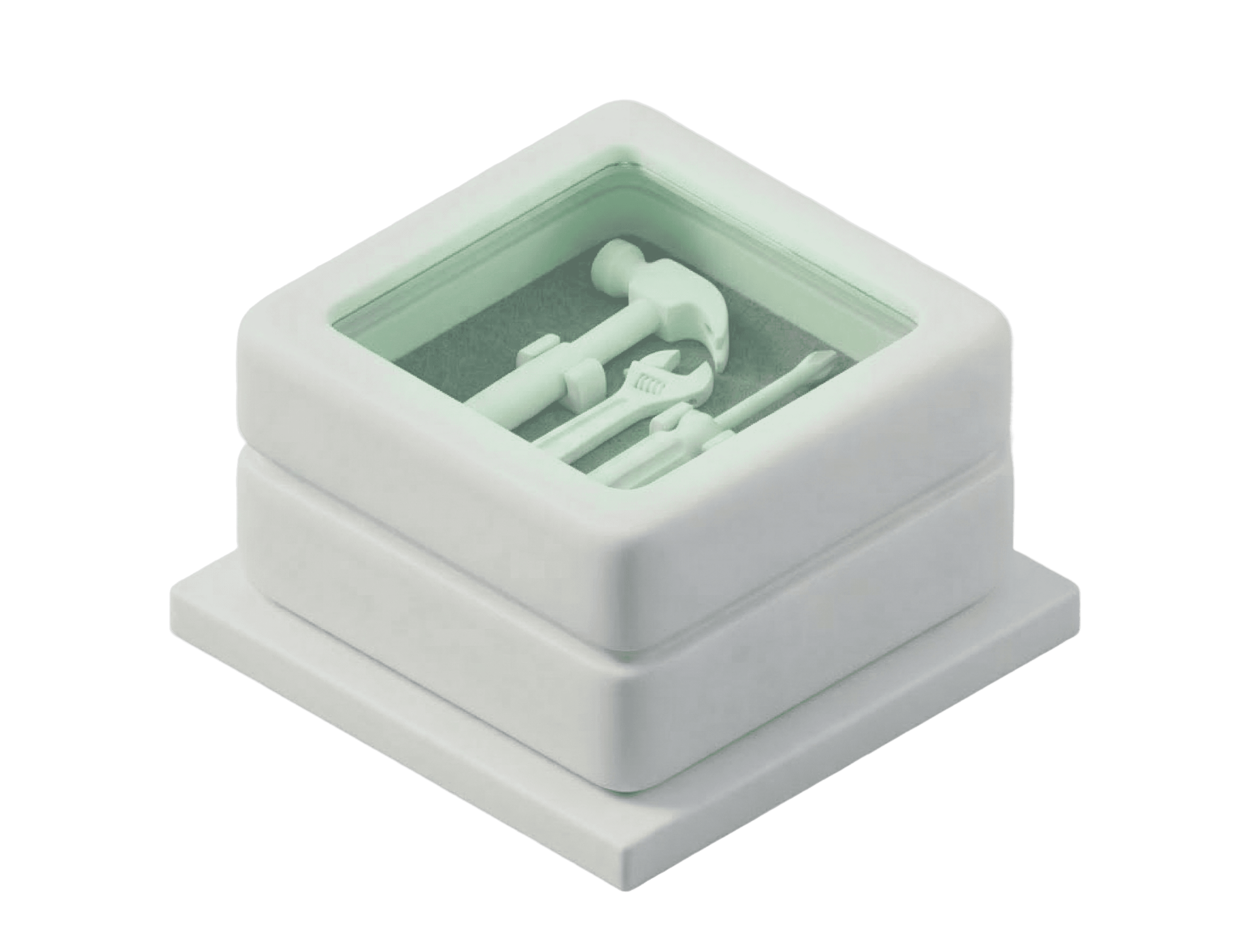 3D rendered white square toolbox icon with glowing green accents, containing a hammer, wrench, and screwdriver, representing technical support and digital configuration tools.