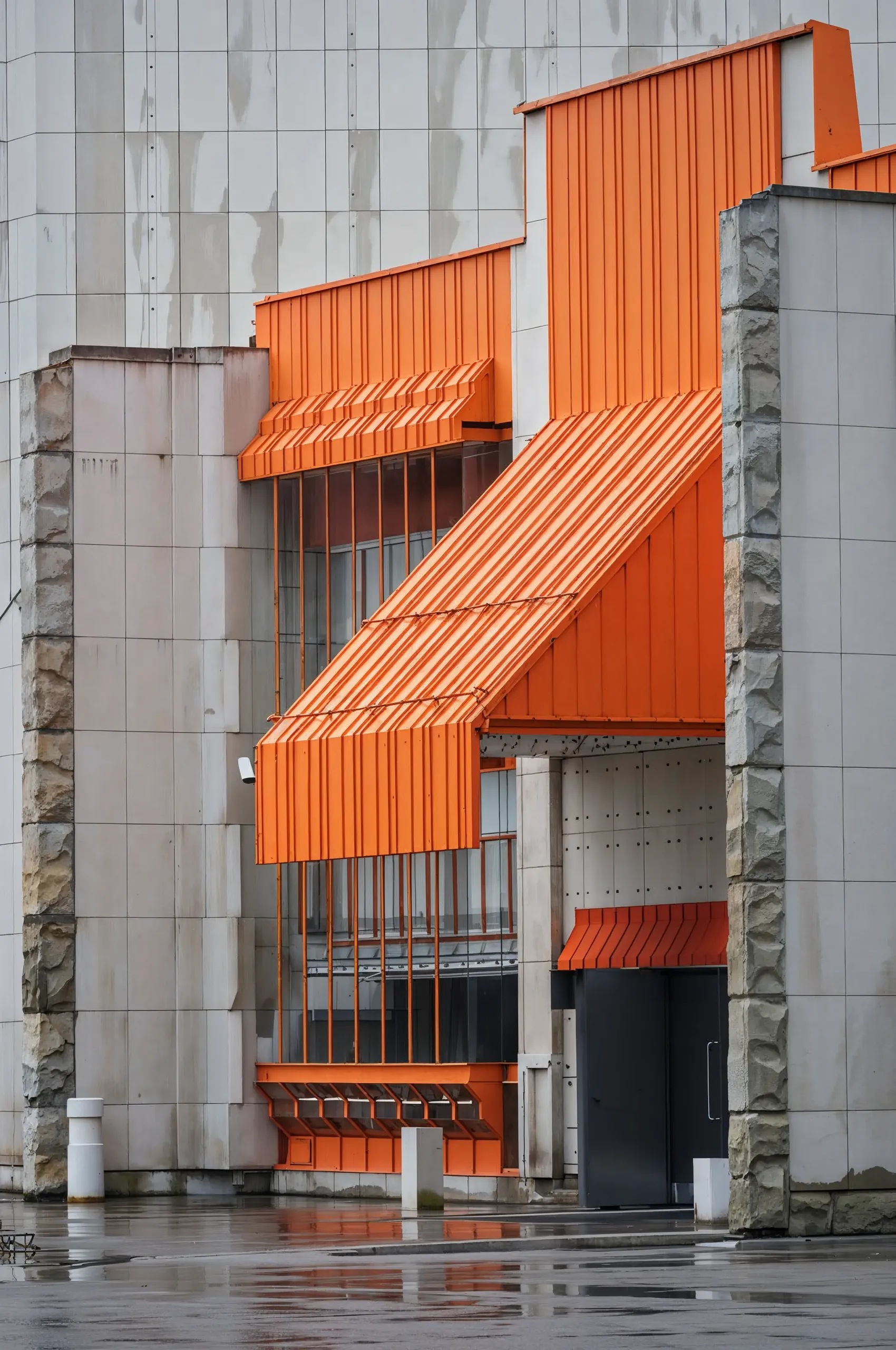 Creative architectural render collage combining facade, steel structure, and cityscape elements.