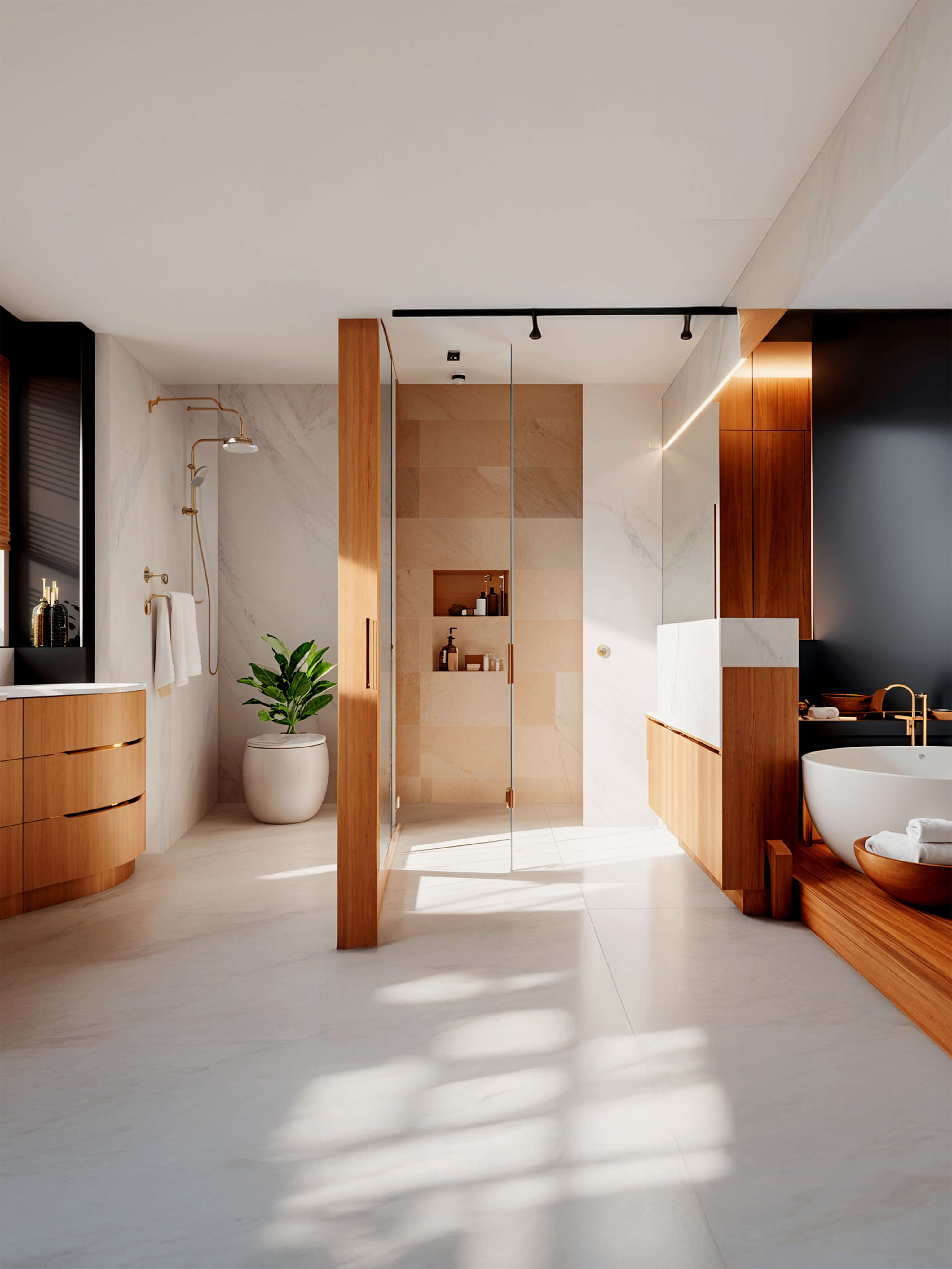 Modern Florida condo bathroom with floating vanity, warm wood finishes, large mirror, and natural light creating a calm, refined space.