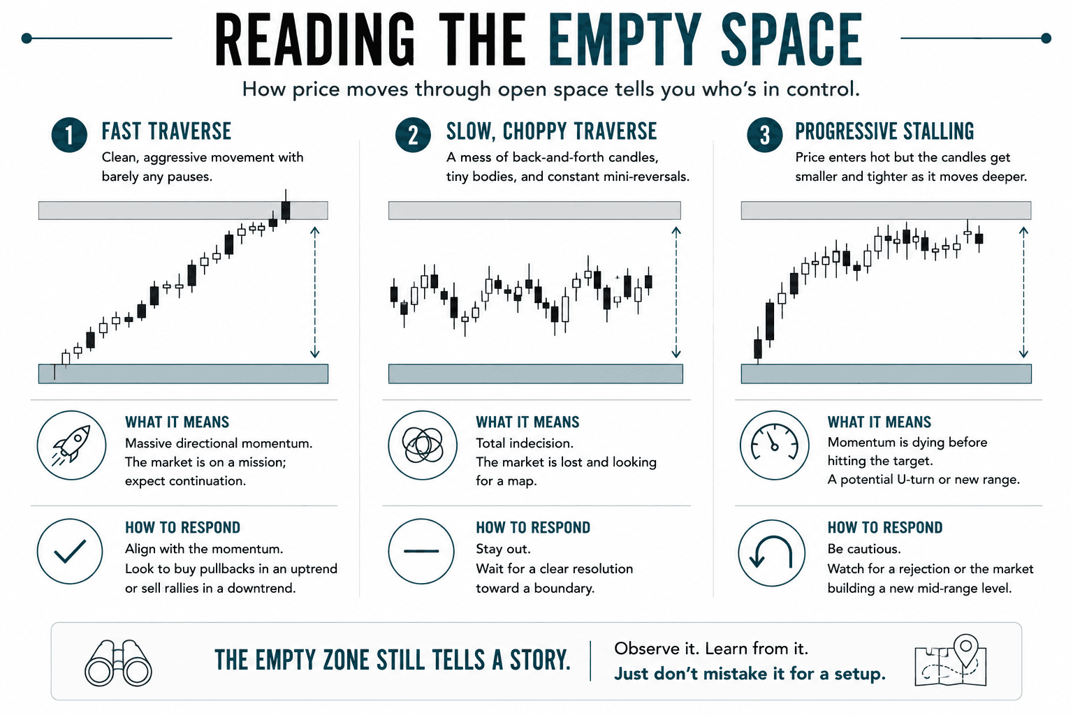 Educational infographic showing three ways price can move through an empty zone between major support and resistance levels. Examples include a fast traverse with strong momentum, a slow choppy traverse with indecision, and progressive stalling as momentum fades. Each pattern explains what the price action suggests about current market conditions.