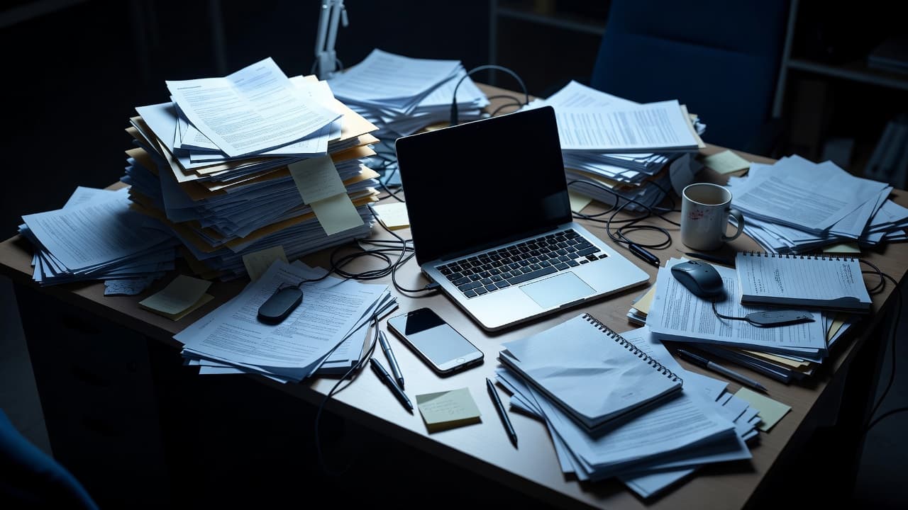 A dark, disorganized office desk features a scattered smartphone resting beside an open laptop. High-contrast lighting casts long, deep blue shadows across the chaotic surface, emphasizing a sense of professional frustration.