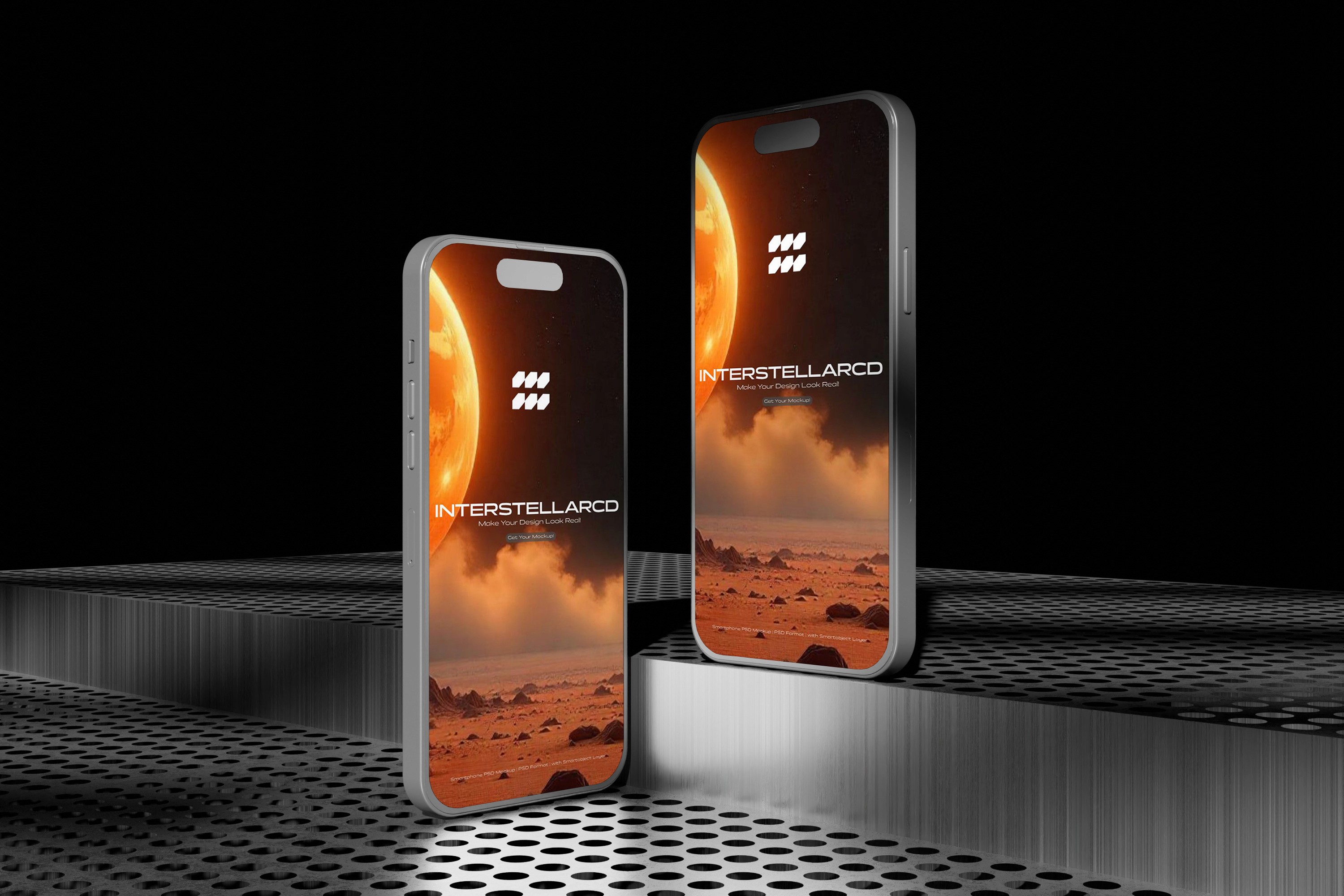 Two smartphones standing on a metal surface displaying an orange sci‑fi planet wallpaper.
