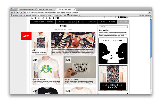 A screenshot of a computer screen displaying a webpage from "The New York Times." The page shows various articles and images, including a “NEW” section with several t-shirt designs priced at $30 each. The top navigation bar includes links for “Illuminated Stories,” “Store,” “Twitter Food,” “Spread the Word,” and “Illuminated Wardrobe.” The browser’s address bar displays “www.thenewyorktimes.com/at/index.html.” The page is open in a web browser with standard controls.