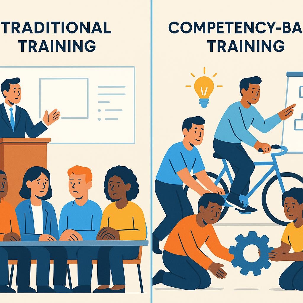 A split-screen or side-by-side comparison. On one side, represent traditional training: a diverse group of employees sitting passively in a classroom, looking somewhat disengaged, with an instructor lecturing from a podium, emphasizing content delivery. On the other side, represent competency-based training: the same diverse group of employees actively engaged in practical tasks, problem-solving, collaborating, and demonstrating skills, with one person successfully riding a bicycle, symbolizing mastery through practice. The style is a modern, clean, professional illustration with a hint of infographic elements and bright, encouraging colors. The purpose is to visually illustrate the fundamental difference between traditional, content-focused training and practical, mastery-focused competency-based training, reinforcing the article's core message early on.