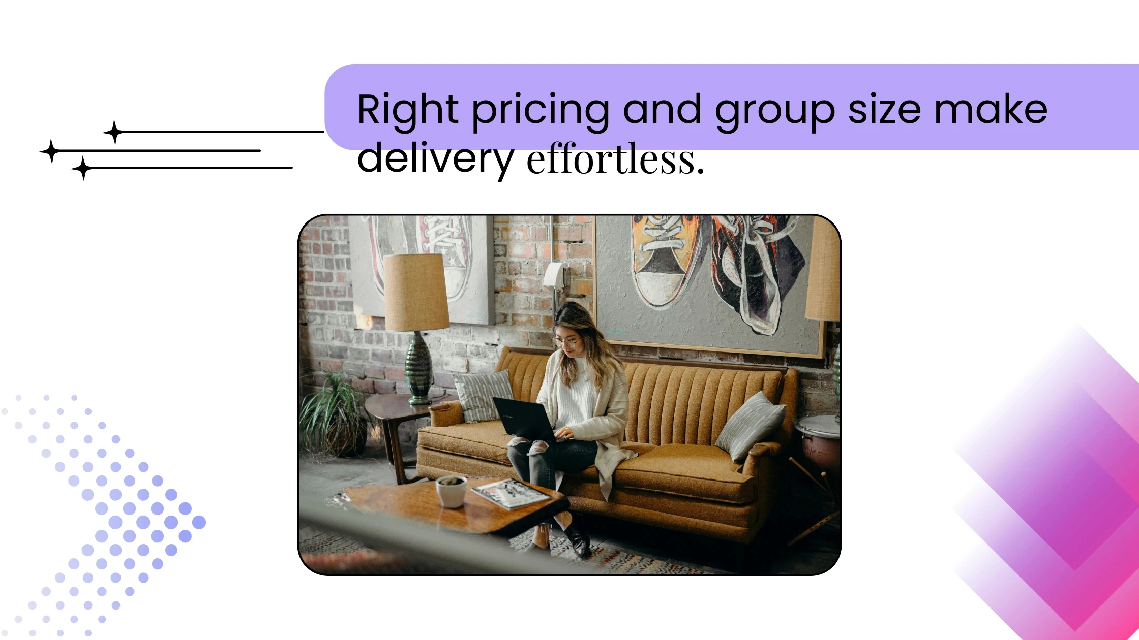 Coach sitting on a sofa with a laptop, paired with text about pricing and group size making group coaching delivery easier.