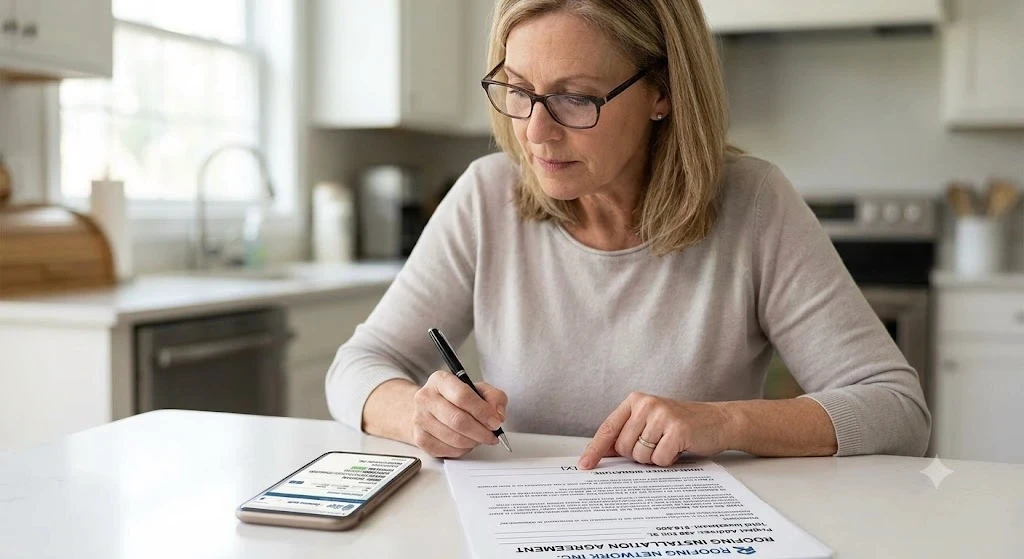 Homeowner reviewing a roofing contract and checking contractor license details before signing