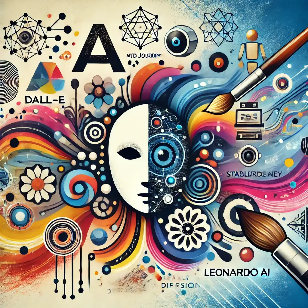 Portada del artículo sobre herramientas de IA para crear imágenes: DALL-E, Midjourney, Stable Diffusion y Leonardo AI, con ilustraciones que representan creatividad y tecnología.