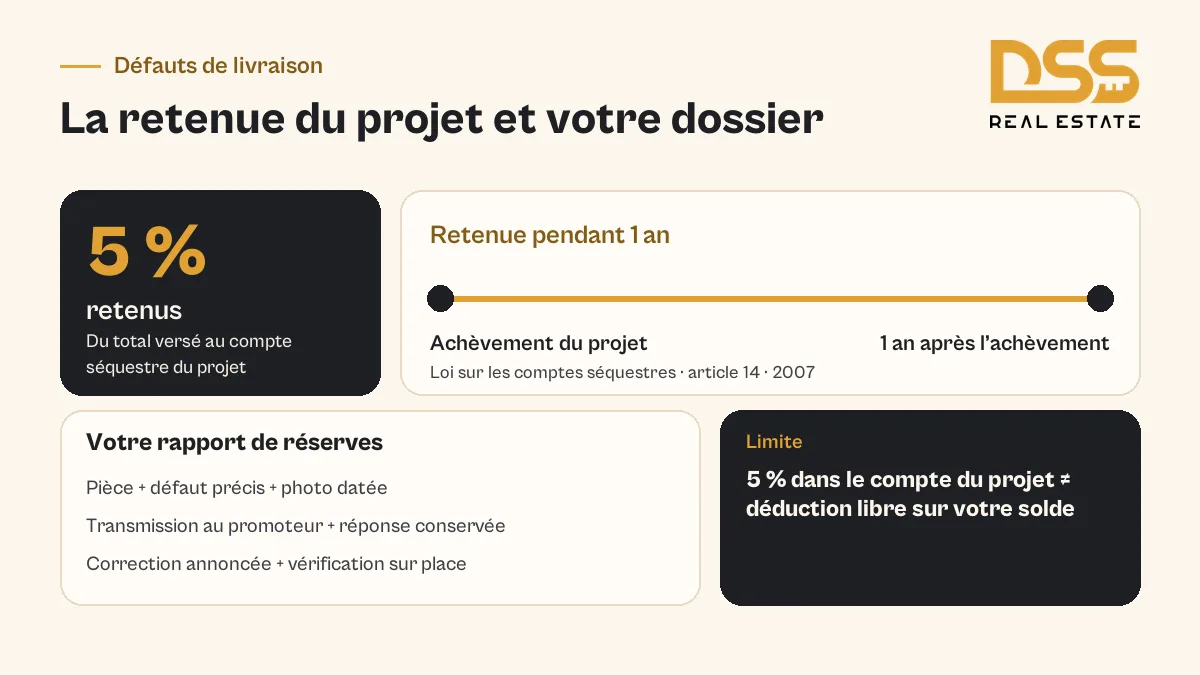 Retenue de 5 % du compte séquestre pendant 1 an après achèvement et suivi des défauts à la remise des clés à Dubaï