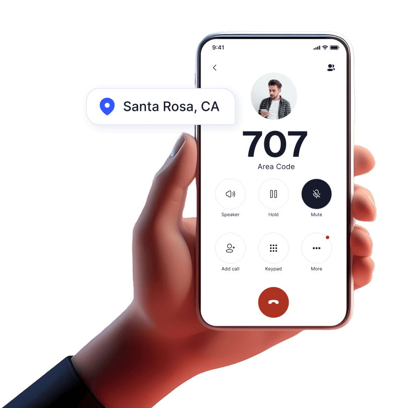 Hand holding mobile device with incoming call from 707 area code using LinkedPhone 2nd phone number mobile app