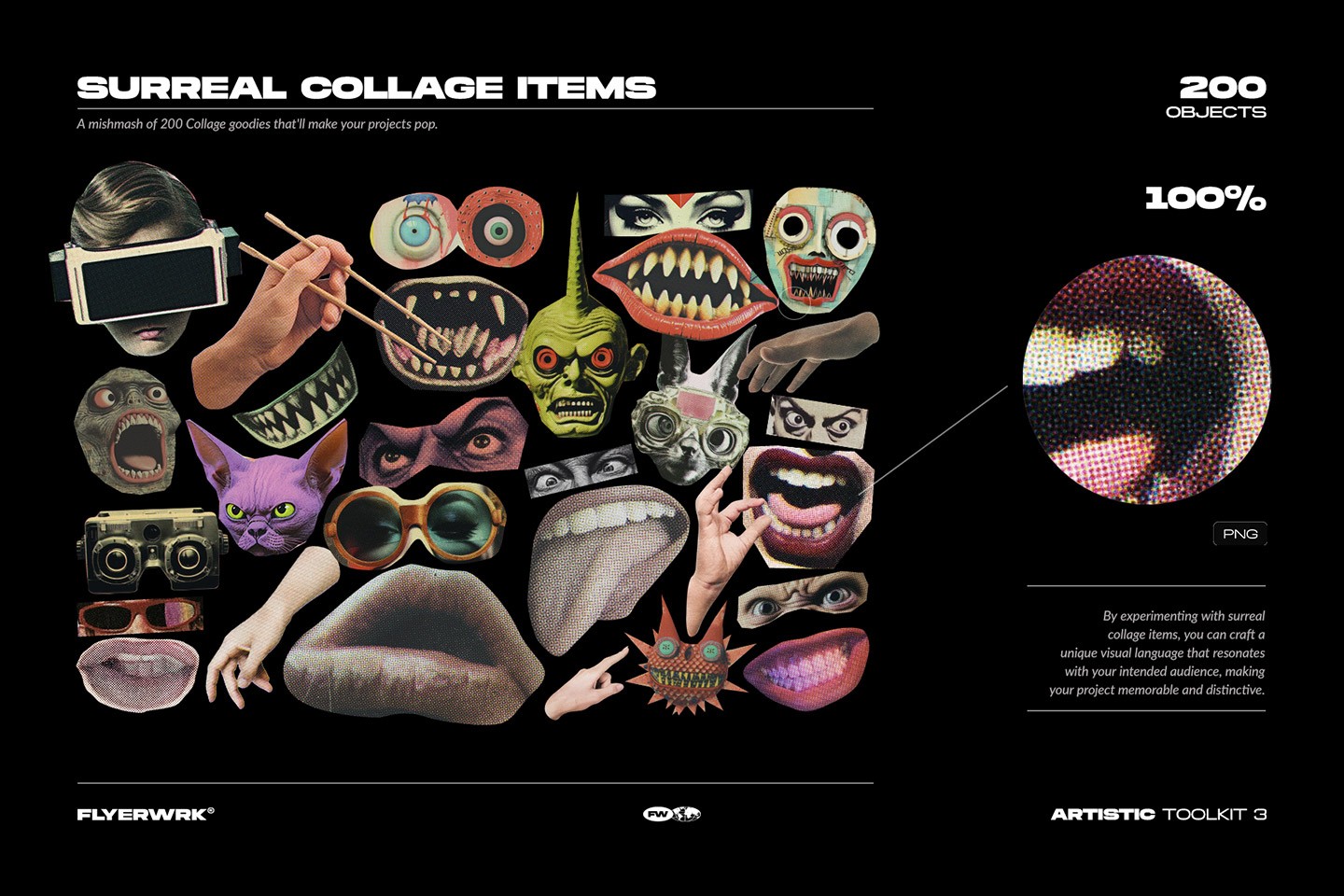 Artistic Toolkit 3 surreal collage elements collection with vintage cutout graphics