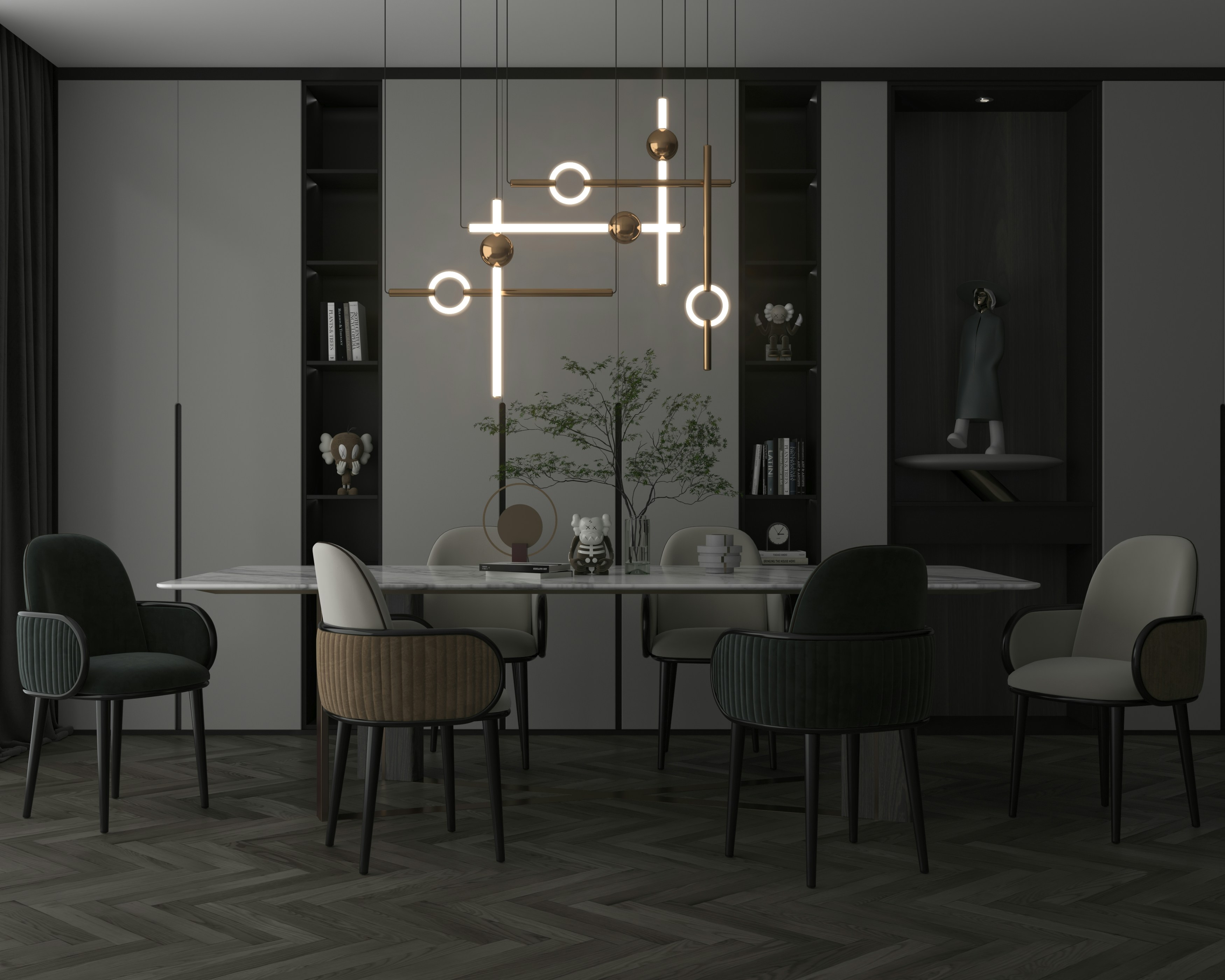 Minimalist showroom with curved copper partitions and columns.