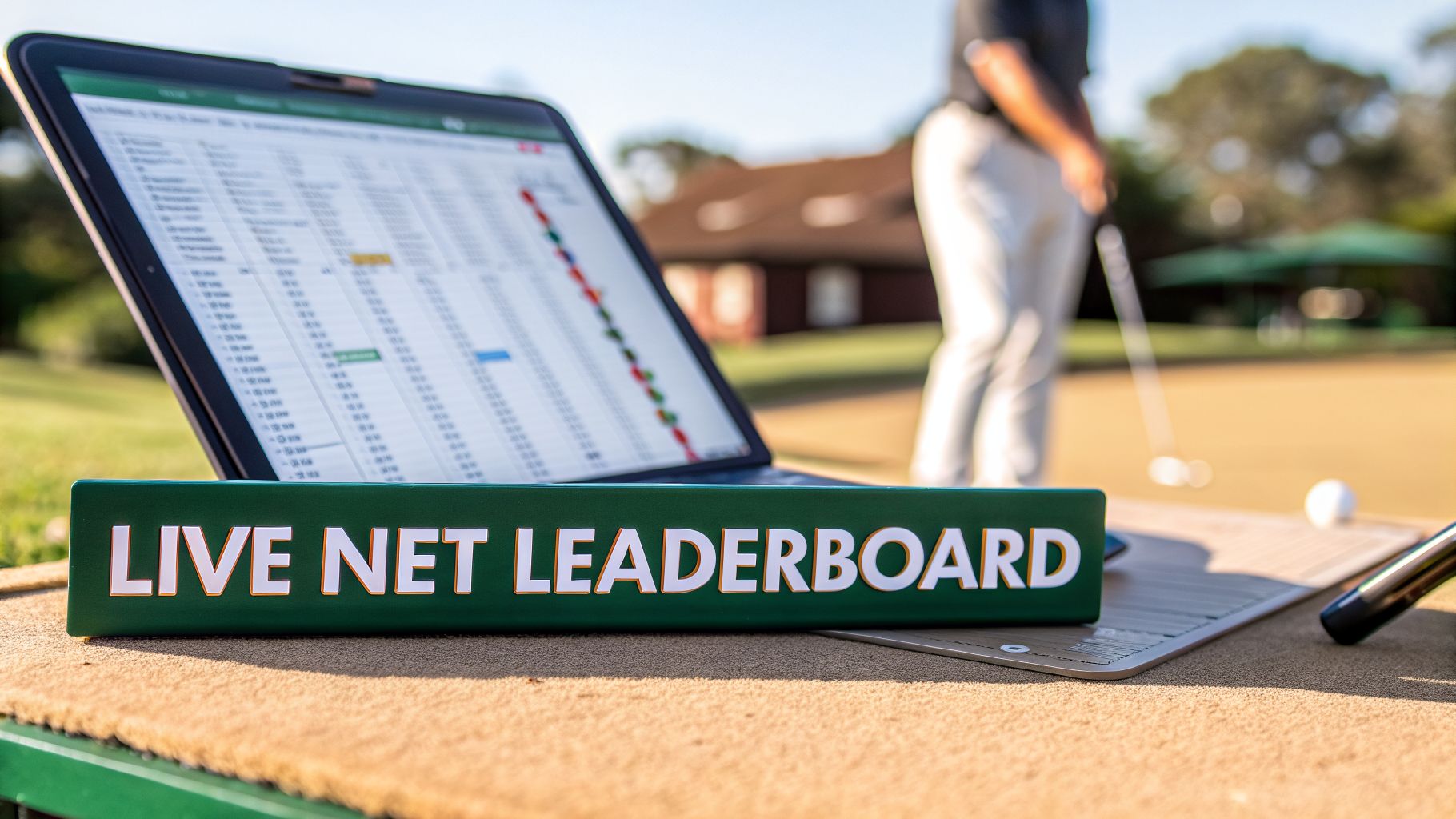 A 'LIVE NET LEADERBOARD' sign in front of a laptop displaying golf scores, with a golfer putting on the green.