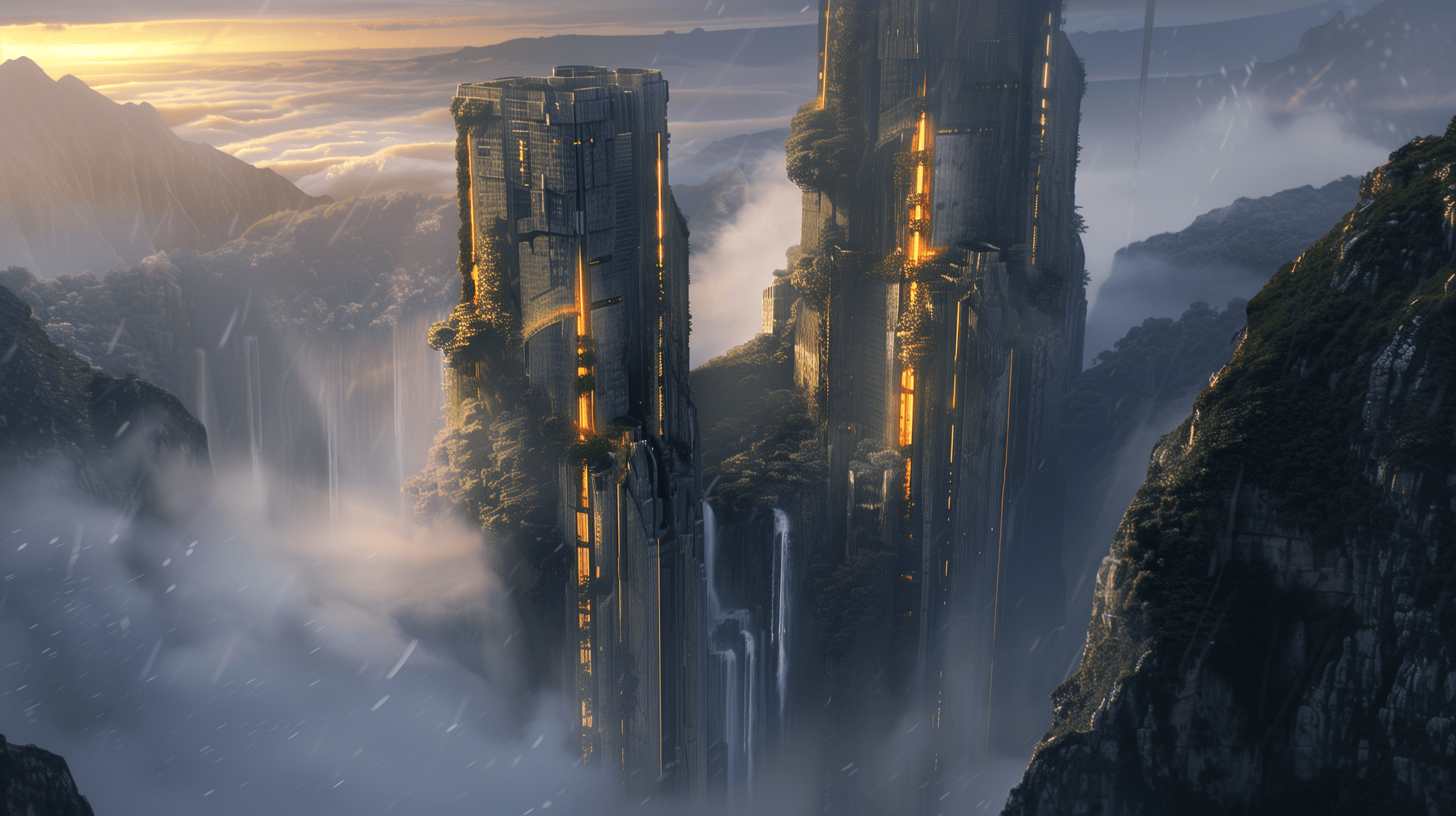 A misty landscape featuring a tall, ancient castle perched on rocky cliffs, bathed in golden light at sunset.