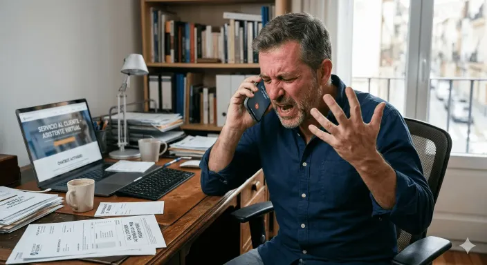Cliente frustrado intentando tramitar un siniestro de seguro a través del teléfono de un call center automatizado.