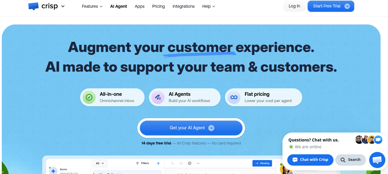 Crisp homepage showing AI-powered customer support platform with omnichannel inbox, AI agents, and flat pricing