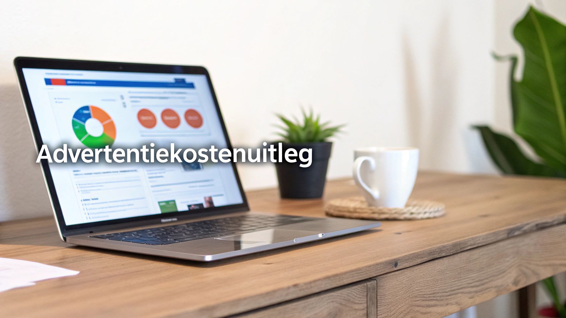 Een laptop op een houten bureau toont advertentieanalyse met grafieken, naast een plant en koffiekopje.