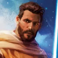 Jeid Elzar Mann in a gold robe and wielding a blue lightsaber