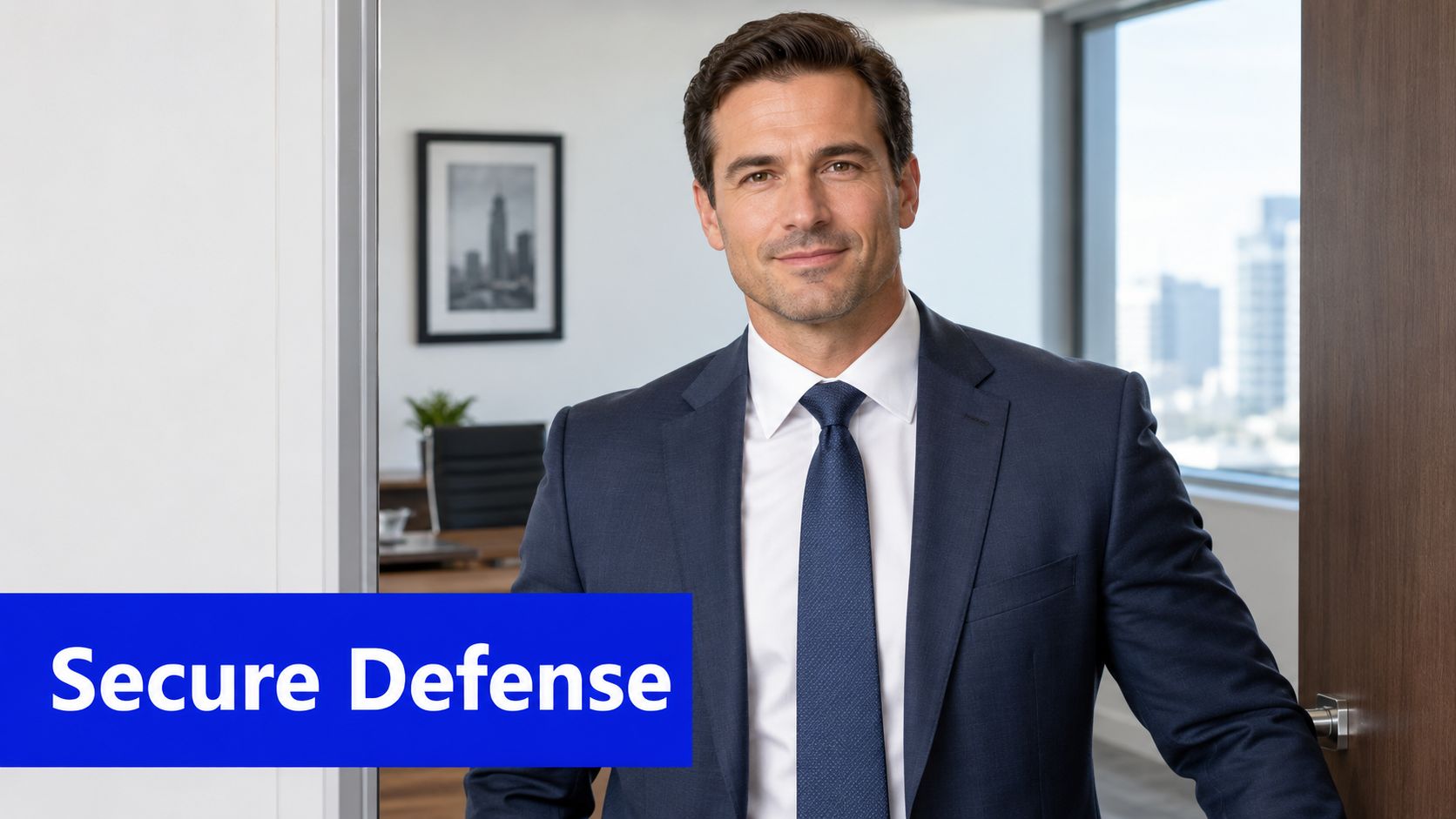 A professional man in a business suit standing in an office doorway, representing a legal expert.