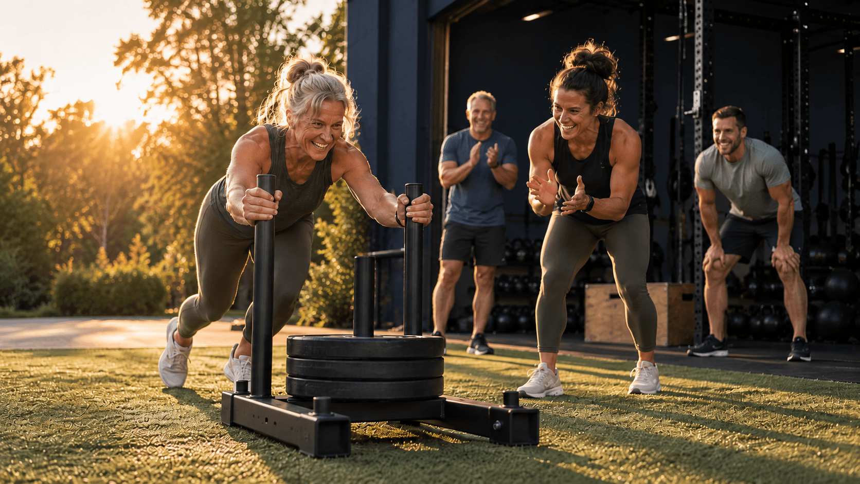 A woman assisting a woman with medicine-ball exercise on turf. Illustrative stock photography.
