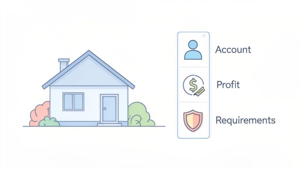 A simple illustration of a house on the left and a menu on the right showing 'Account', 'Profit', and 'Requirements' options.