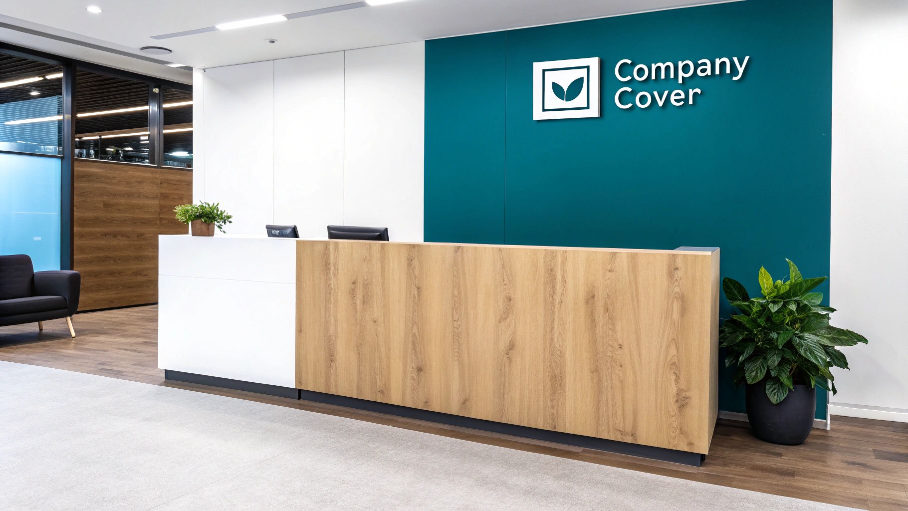 Modern office reception area with a wooden and white desk and a teal wall featuring 'Company Cover' logo.