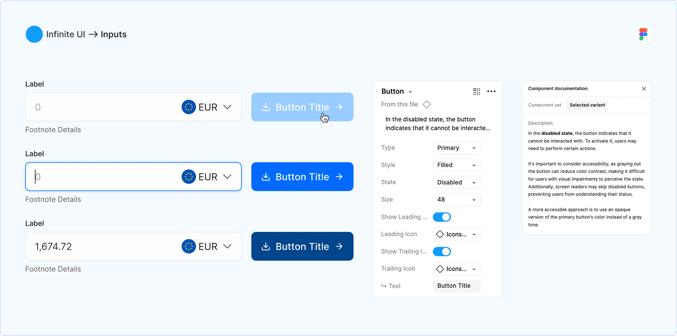 Showcase of input fields and button variants alongside a Figma-style inspector panel and component documentation explaining accessibility and disabled states