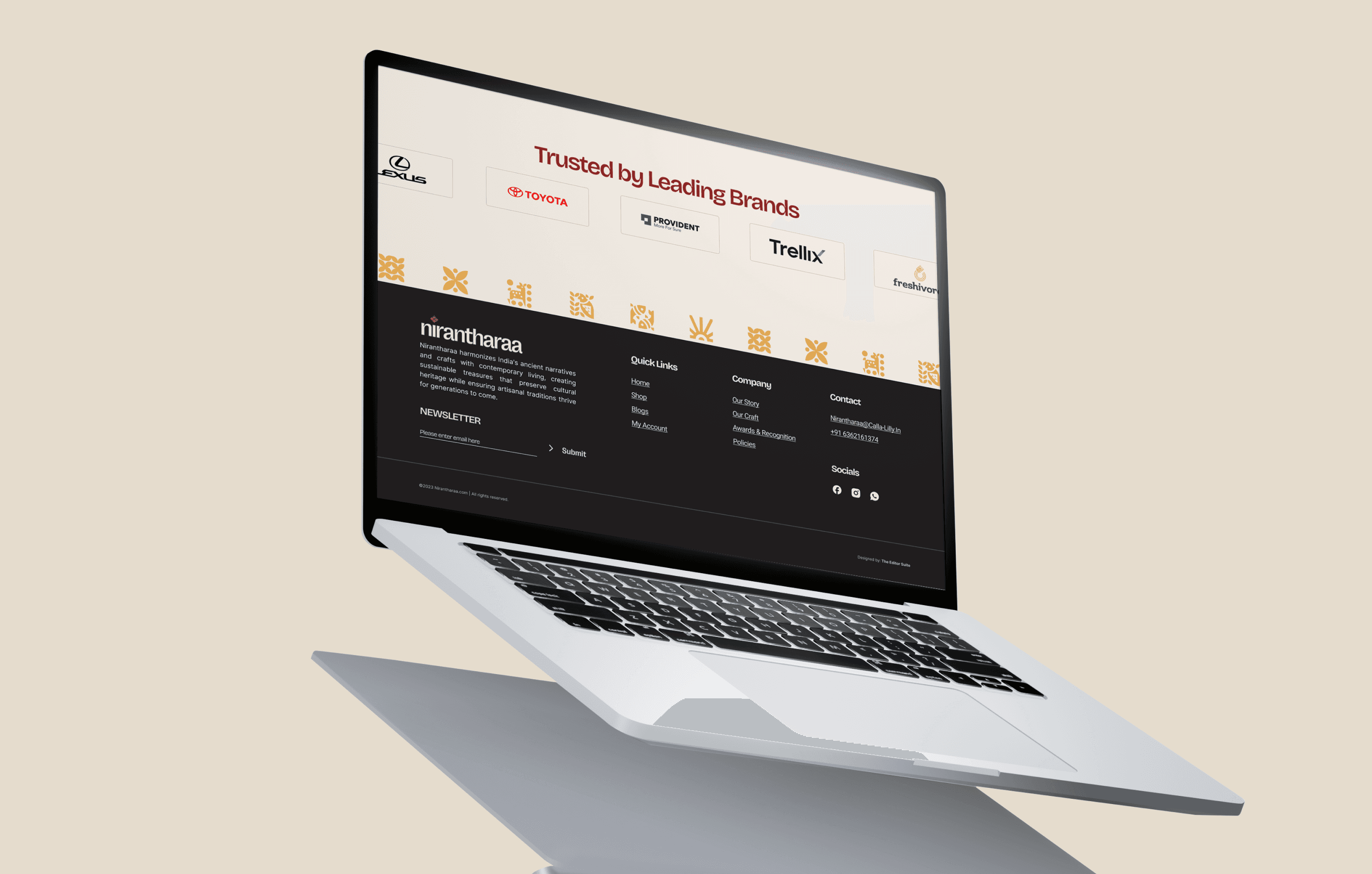"Nirantharaa website displayed on a MacBook, showcasing a trusted brands section with Lexus, Toyota, Provident, Trellix, and Freshhvon logos, along with a footer containing quick links, company details, contact information, and social media icons.