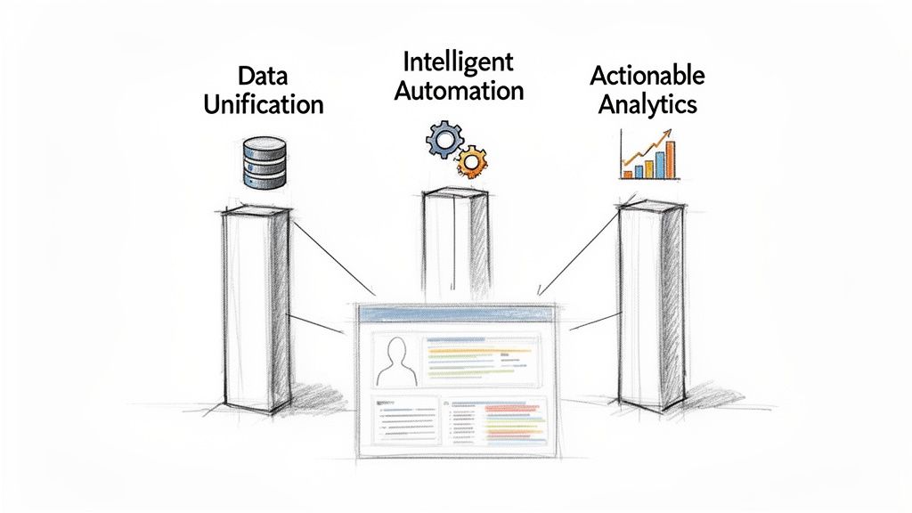 Illustration showing data unification, intelligent automation, and actionable analytics connected to a digital dashboard.