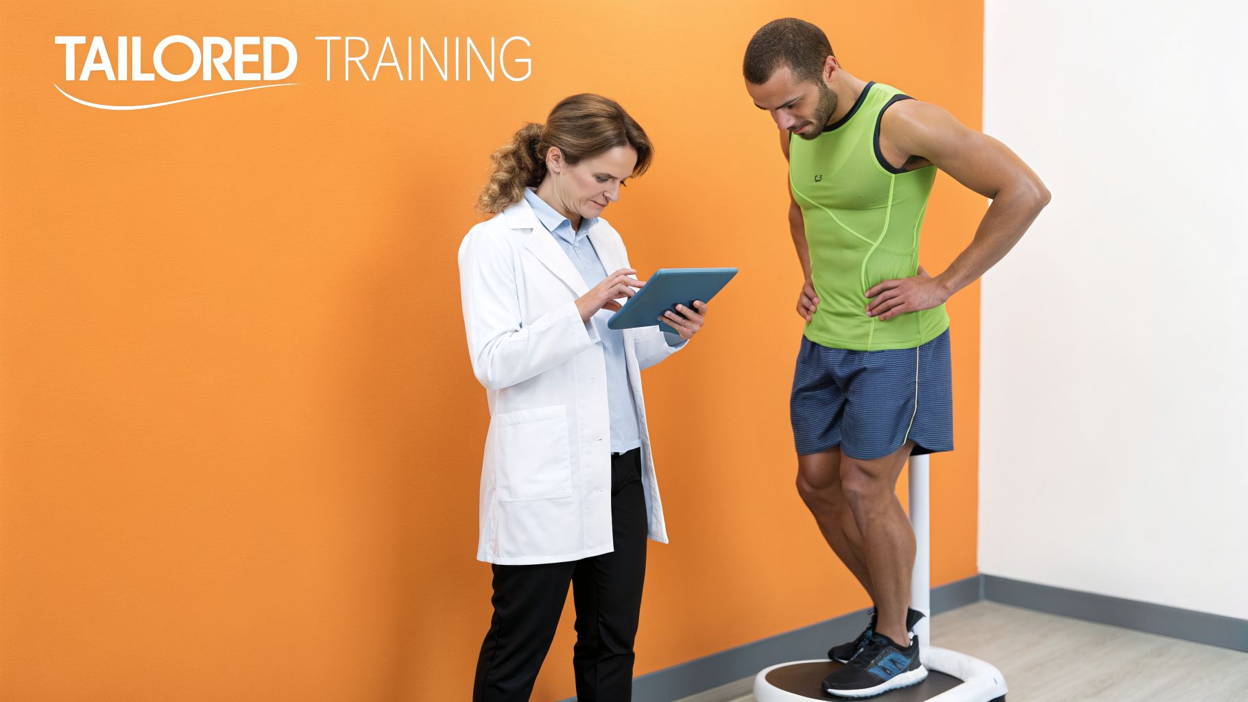 A doctor uses a tablet while a male athlete stands on a body composition scale, indicating tailored training.