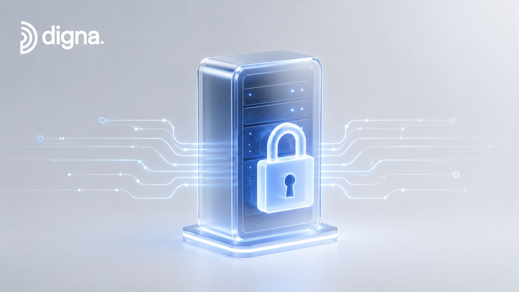 A secure server tower with a digital lock icon symbolizing protected data workflow automation and security.