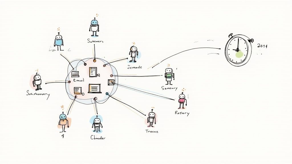 Cartoon robots connect to an email cloud, illustrating a network of automated tasks with a 2011 timestamp.