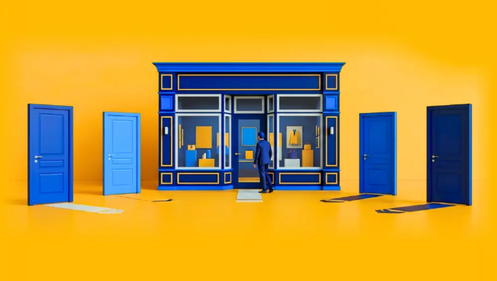 Man entering a blue storefront on a yellow background, representing the AI customer journey.