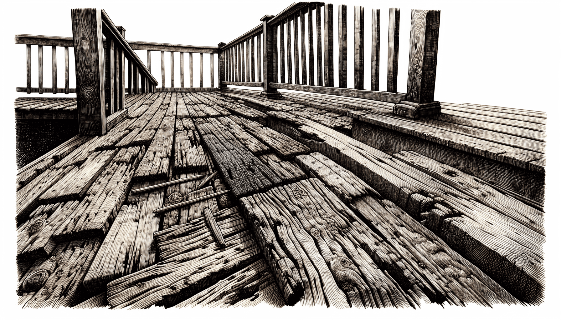 Deck with damaged boards and railings