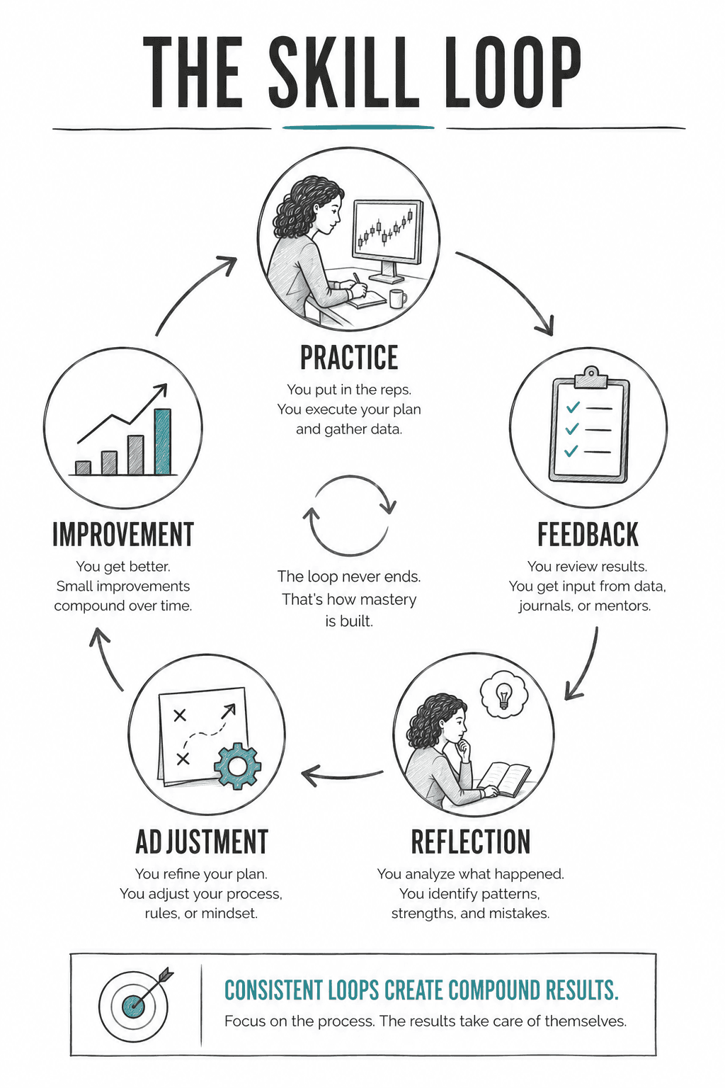 Circular learning model showing the continuous cycle of Practice, Feedback, Reflection, Adjustment, and Improvement. The diagram illustrates how deliberate practice and regular review lead to long-term trading skill development.
