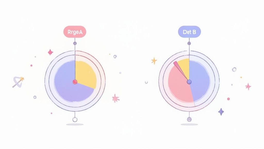 Two whimsical pie charts, labeled RrgeA and Det B, displaying colorful segments and surrounded by sparkles.