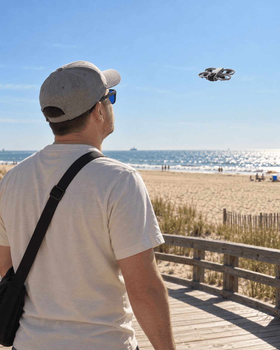Alex junto ao mar com um drone