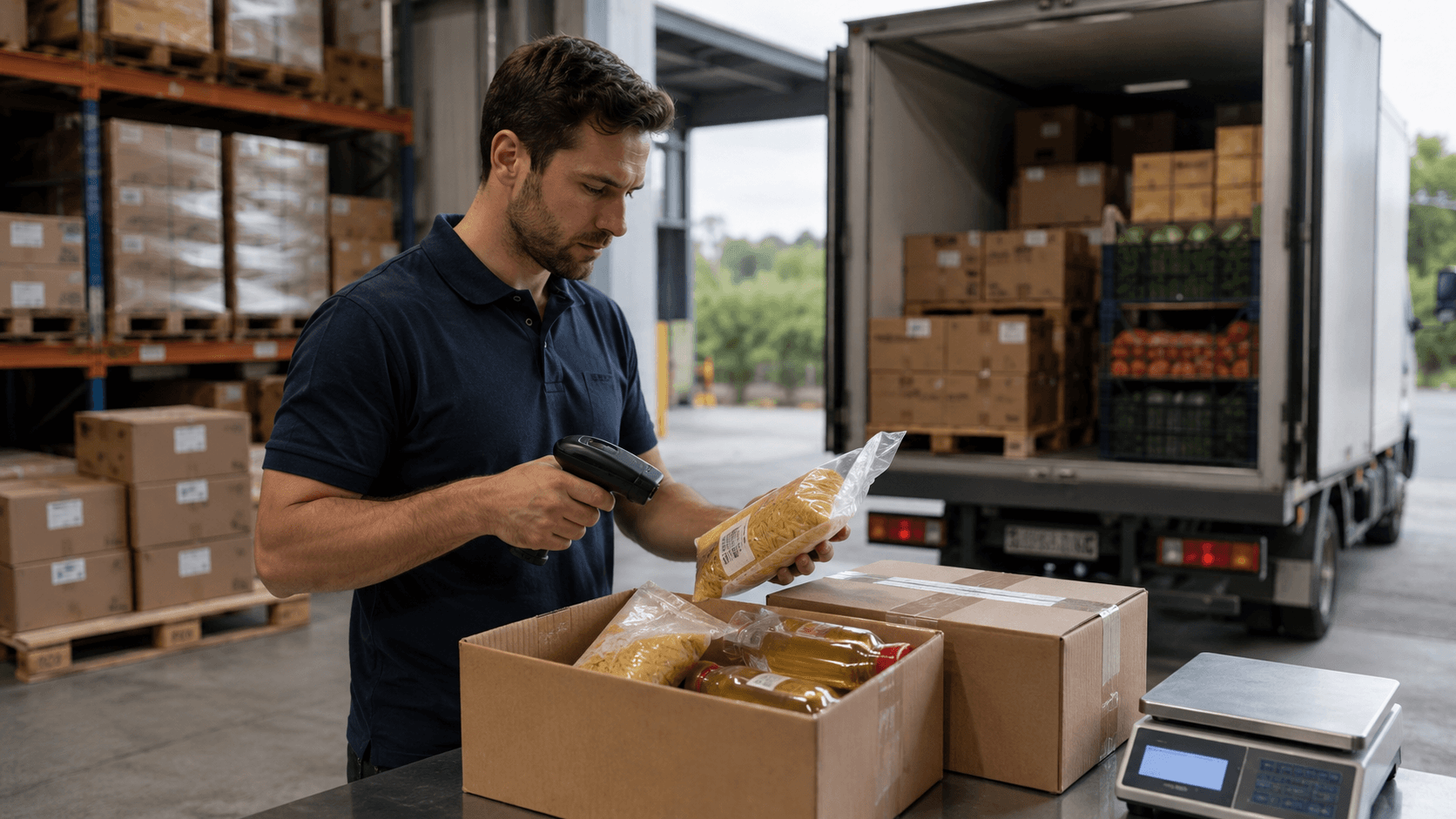 Homem conferindo produtos alimentícios em um centro de distribuição moderno, usando leitor de código de barras em embalagens com controle de lote e validade. Ao fundo, caminhão sendo carregado, pallets organizados e ambiente industrial logístico em estilo realista 3D, representando operação de distribuidora de alimentos com foco em controle de pedidos e estoque.